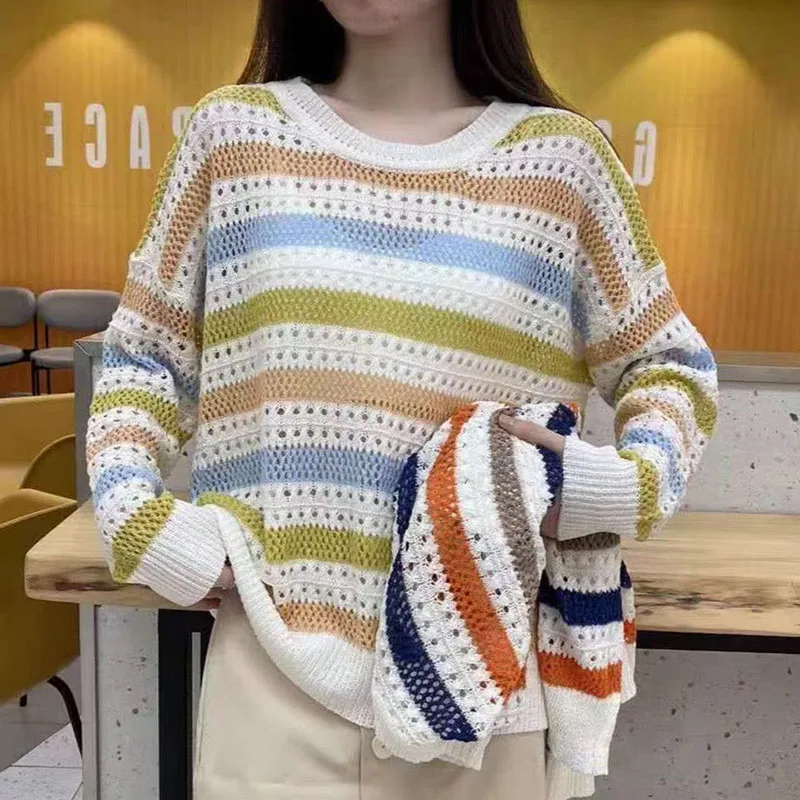 

Summer Striped Crochet Loose Pullover Tops Casual Long Sleeve O-neck Summer Pull Jumpers Female Striped Tops