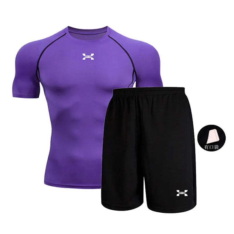 Новая мужская спортивная одежда, беговые дорожки, Спортивная футболка с коротким рукавом, штаны до колена, комплект для бега из 2 предметов - Цвет: 1