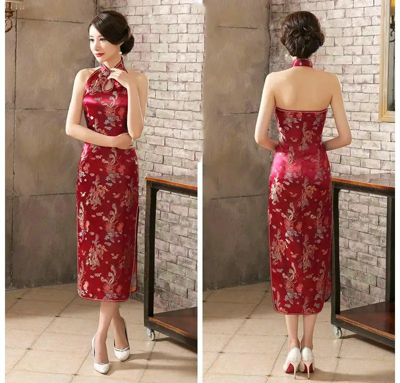Backless Classic Chinese Women Qipao Rayon Sexy Cheongsam Traditional Sleeveless Evening Party Gowns Dresses Vestidos Elegant - Цвет: Burgundy phoenix