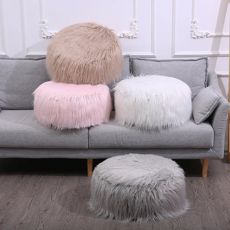 

Solid Color Warm Round Seat Cushion Portable Light Inflatable Stool Lovely Plush Fur Washable Rest Chair Cushion Home Textiles