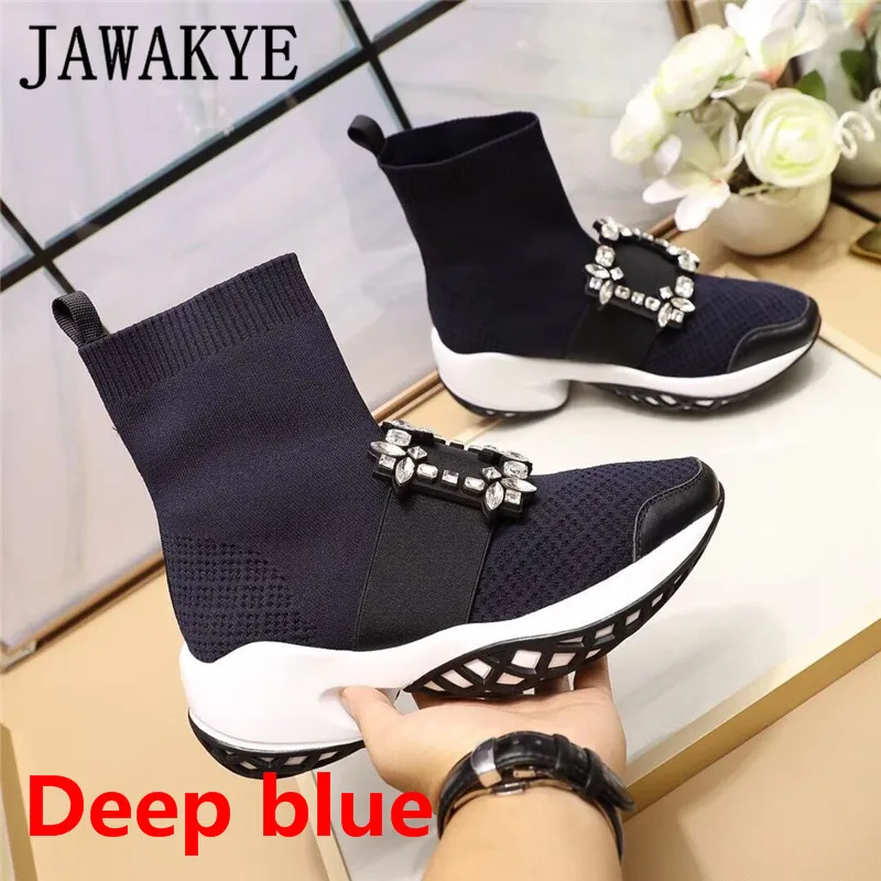 deep blue crystal JAWAKYE/вязаные ботильоны со стразами и пряжкой; женская зимняя обувь на плоской платформе; удобные короткие женские ботинки - Цвет: deep blue crystal