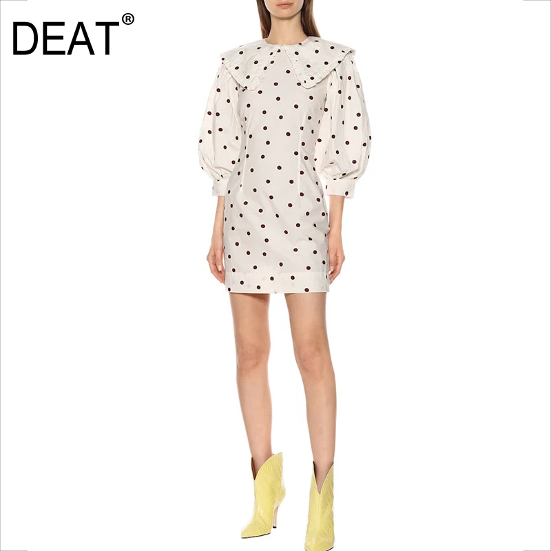 Мини-платье в горошек DEAT приталенный пуловер с воротником Питер Пэн и