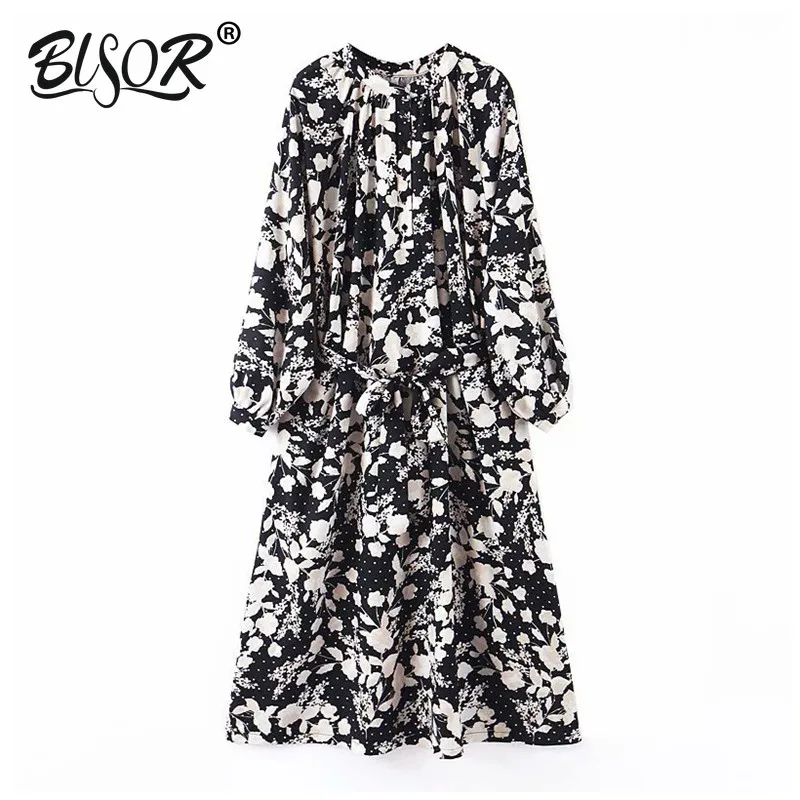 

Women fashion floral print dress O neck long sleeve bow tie sashes female casual stylish midi dresses vestidos