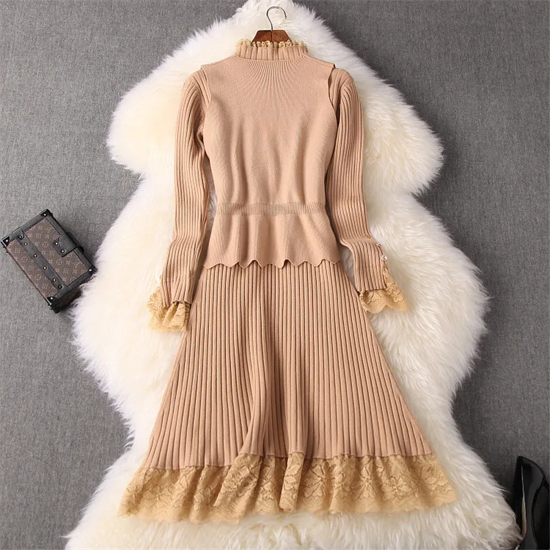 Новинка, женское модное платье на осень и зиму, Vestidos, длинный рукав, кружево, пэтчворк, вязаный жилет, топ+ платье-свитер, комплект из 2 предметов