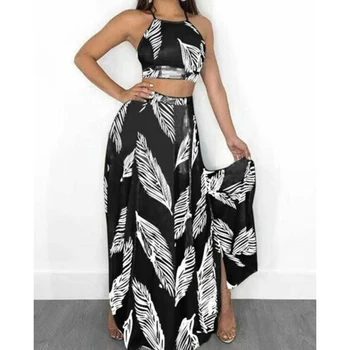 

2Pcs Women Boho Floral Summer Sexy Halter Neck Crop Top Tank + Skirt Long Maxi Beach Suit Outfit Dress Beachwear