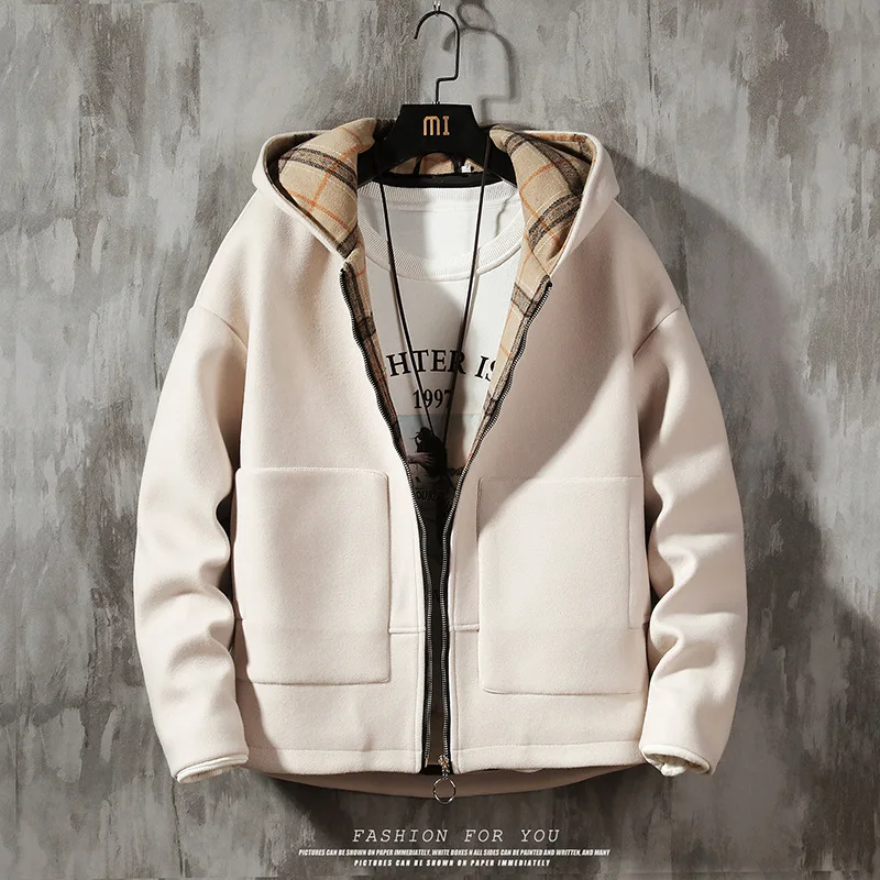 

2019 Autumn And Winter Men Woolen Jacket Japanese-style Solid Color Hooded Loose And Plus-sized Casual Pattern Duffle Coat