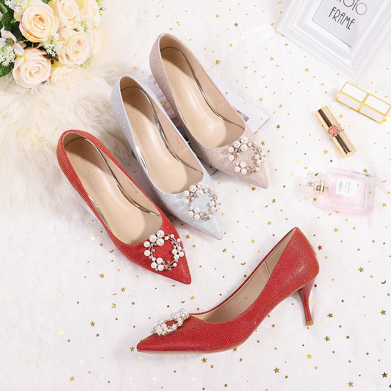 2020 женские свадебные туфли на высоком каблуке с острым носком золотистые
