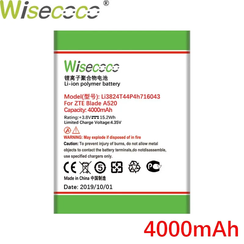 Wisecoco 4000 мА/ч, Li3824T44P4h716043 2 шт. 3,85 V Батарея для zte лезвие A520 A521 BA520 A603 BA603 телефон Батарея Замена