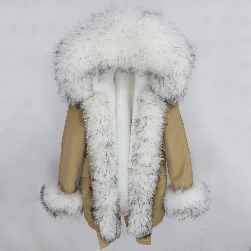 beige white Пальто из натурального меха, Водонепроницаемый длинная парка новая зимняя куртка Для женщин из натурального меха енота, меховой капюшон, воротник манжеты теплая верхняя одежда в уличном стиле - Цвет: beige white