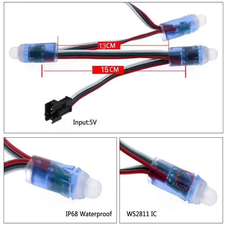 

50pcs 4m/6.5meter DC5V WS2811 Full Color LED Pixel Light Module 12mm 10cm/15cm wires IP68 waterproof RGB Digital led strings