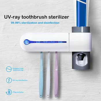 

Behogar 3 in 1 Multifunctional Self-adhesive 5-Slot Toothbrush Holder UV Sterilizer Toothpaste Dispenser for Home Hotel Bathroom