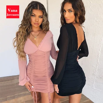 

Chiffon Long Sleeve Sexy V-neck Dress Party Women Ripple Drawstring Backless Skinny Wrap Hip Dress Office Streetwear Vestidos