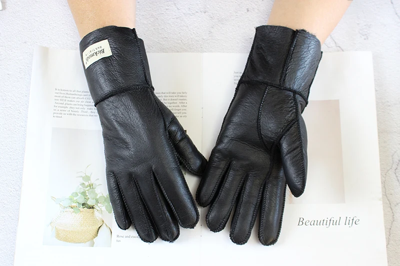Women's Thickened Winter Sheepskin Fur Gloves Windproof Warm Outdoor Motorcycle Riding Color Leather Finger Gloves