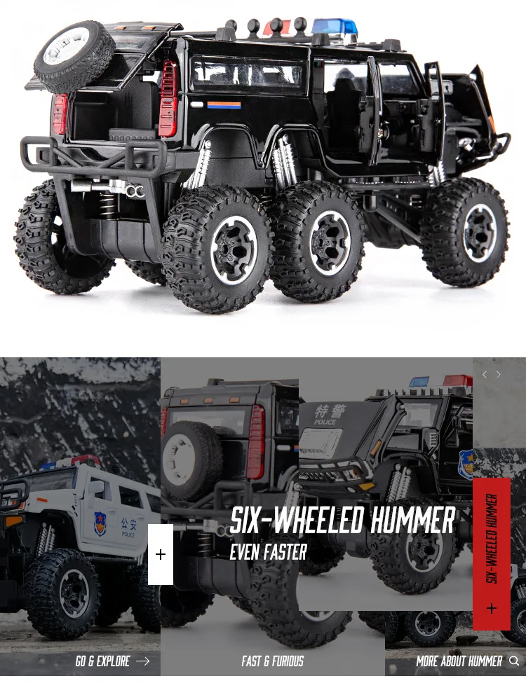 1:32 Высокая Имитация Большой шестиколесный Hummer звук и светильник Полицейская машина сплав внедорожная модель дорожного транспортного средства для детей Подарки