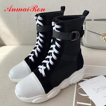 

ANMAIRON Height Increasing Lace-Up Round Toe Mid-Calf Boots Flat PU Winter Boots Women Short Plush Solid Cross-tied Women Shoes