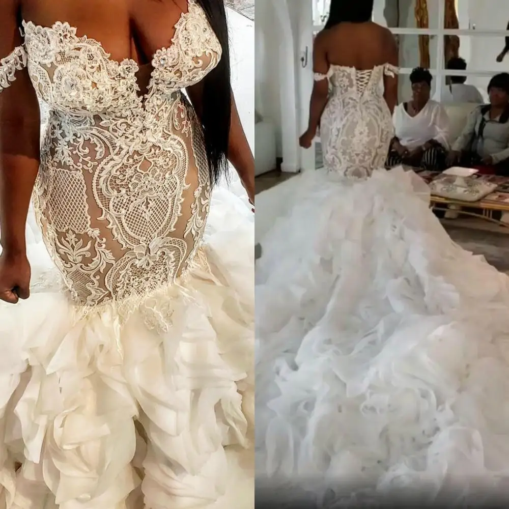 

Plus Size Arabic 2020 Ruffles Mermaid Wedding Dresses Off The Shoulder Lace Appliqued Bridal Gowns Beaded Chapel Train