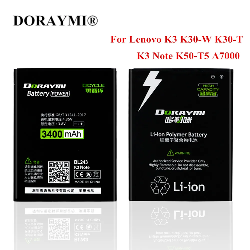 Аккумулятор DORAYMI BL243 для Lenovo K3 Note K50 T5 A7000 A5500 A5600 A7600 BL242 K30 W A6000 A3860 A6010 сменный