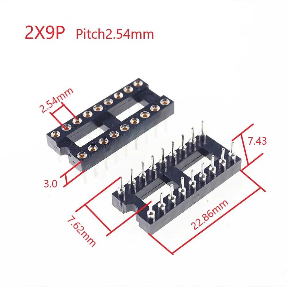 

500pcs 0.100" 2.54mm Pitch IC socket Narrow 18 Position 2x9 18 Pin machine Pin Row spacing 7.62mm DIP Through hole solder