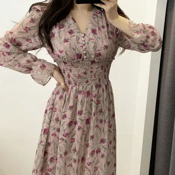 

Flower Dress Women Floral Chiffon Vestidos Maxi Vestido Beach Elegant Spring Pink Korean Long Sleeve v Neck Ropa Mujer Sukienki