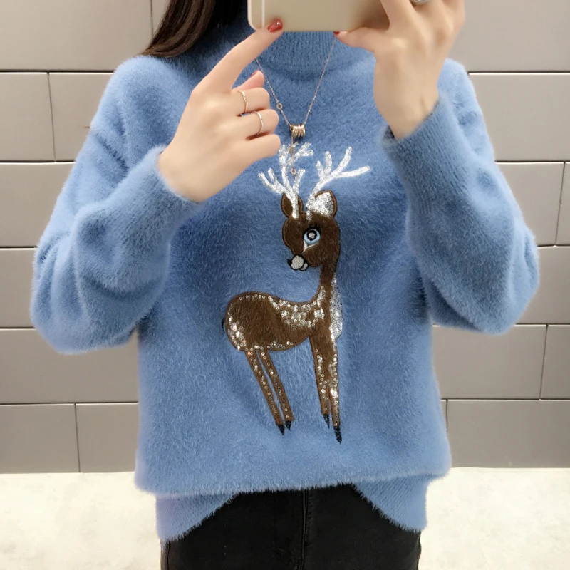 Women Sweater Fawn Sequins Casual Solid Turtleneck Female Pullovers Full Sleeve Warm Soft Spring Autumn Winter Knitted Lovely | Женская