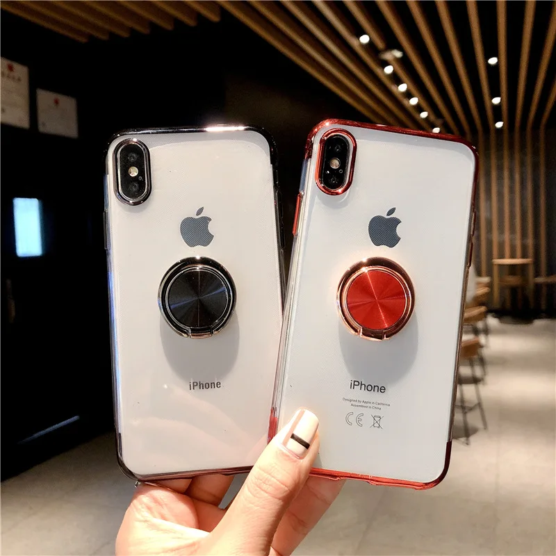 

Luxury Plating Silicone With Ring Holder Multifunction Bracket For iPhone 6 6S 7 8 Plus X XS MAX XR Transparent Cover