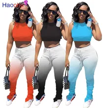 

HAOOHU Sexy Gradient Plus Size Two Piece Set Women Summer Clothes Crop Top and Stacked Leggings Pant Club Outfits Matching Sets