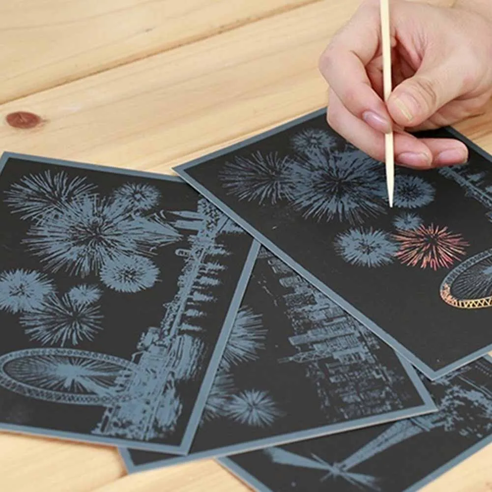 4pcs Engraving Art Scraper Kits Colorful Night View Set Scratch Craft Drawing Paper+ Pen 20*14cm Fireworks Pictures Postcard