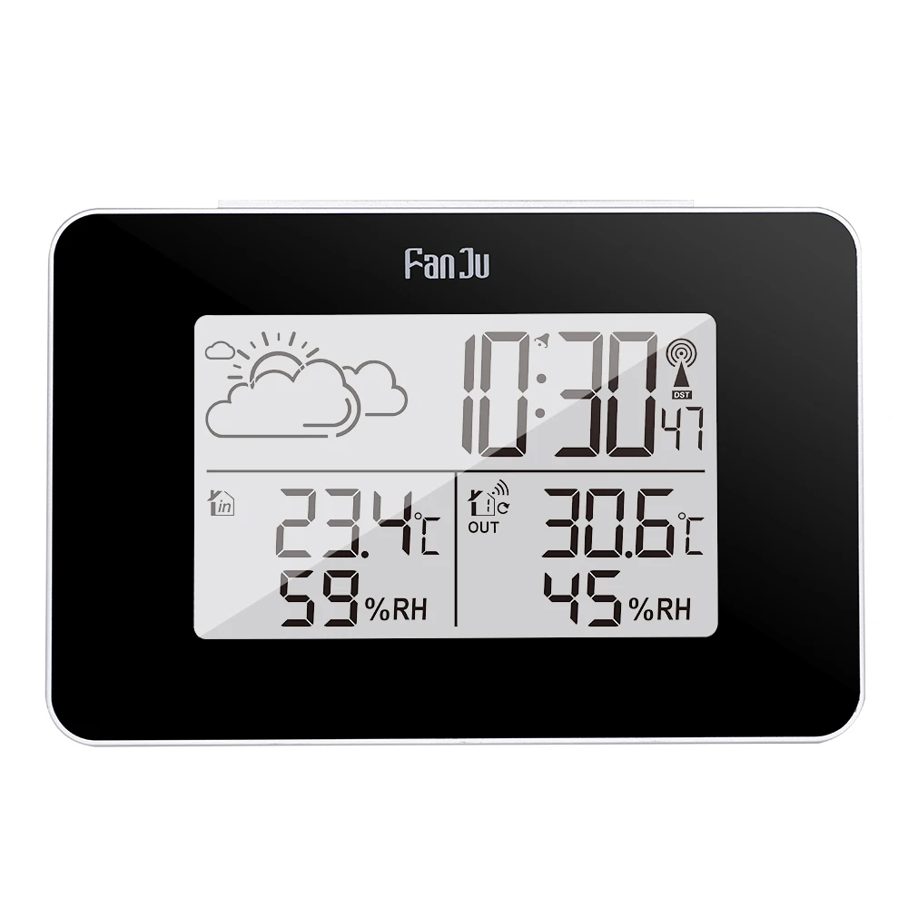 FanJu LCD Digital Alarm Clock Weather Station Wireless Sensor Hygrometer Thermometer Electronic Time Desktop Table Clocks