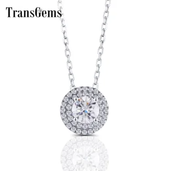 

TransGems 14K 585 White Gold 1.5ct 7.5mm F Color Moissanite Pendant Slide Round Double Halo Pendant for Women Fine Jewelry