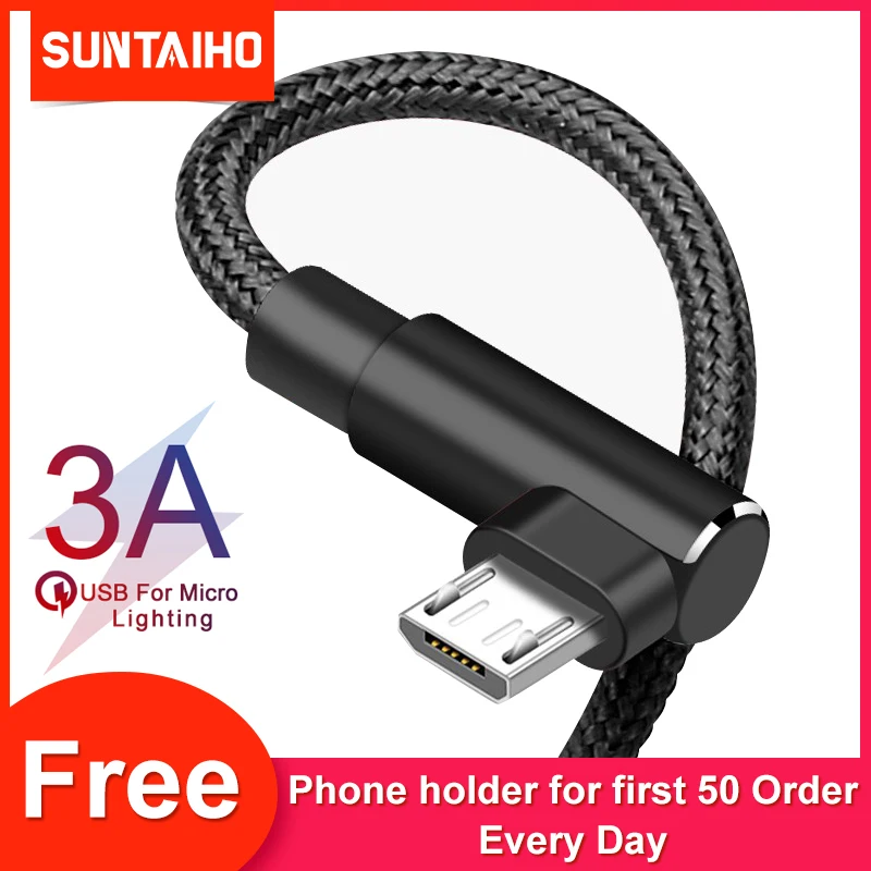 Suntaiho-Cable de carga Micro para Xiaomi Redmi 7, 4X, Samsung S7, LG, Android, 90 grados, trenzado, 3A, cargador de datos USB rápido