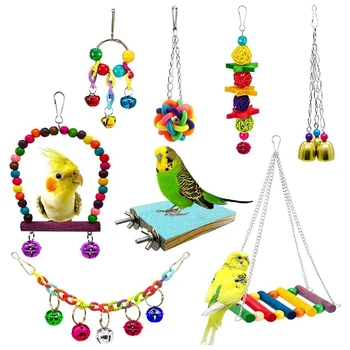 

8Pcs Bird Parrot Toys, Hanging Swing Chewing Perches with Bells Parrot Finch Toys, Hanging Cage Hammock Ladder Bell Toys