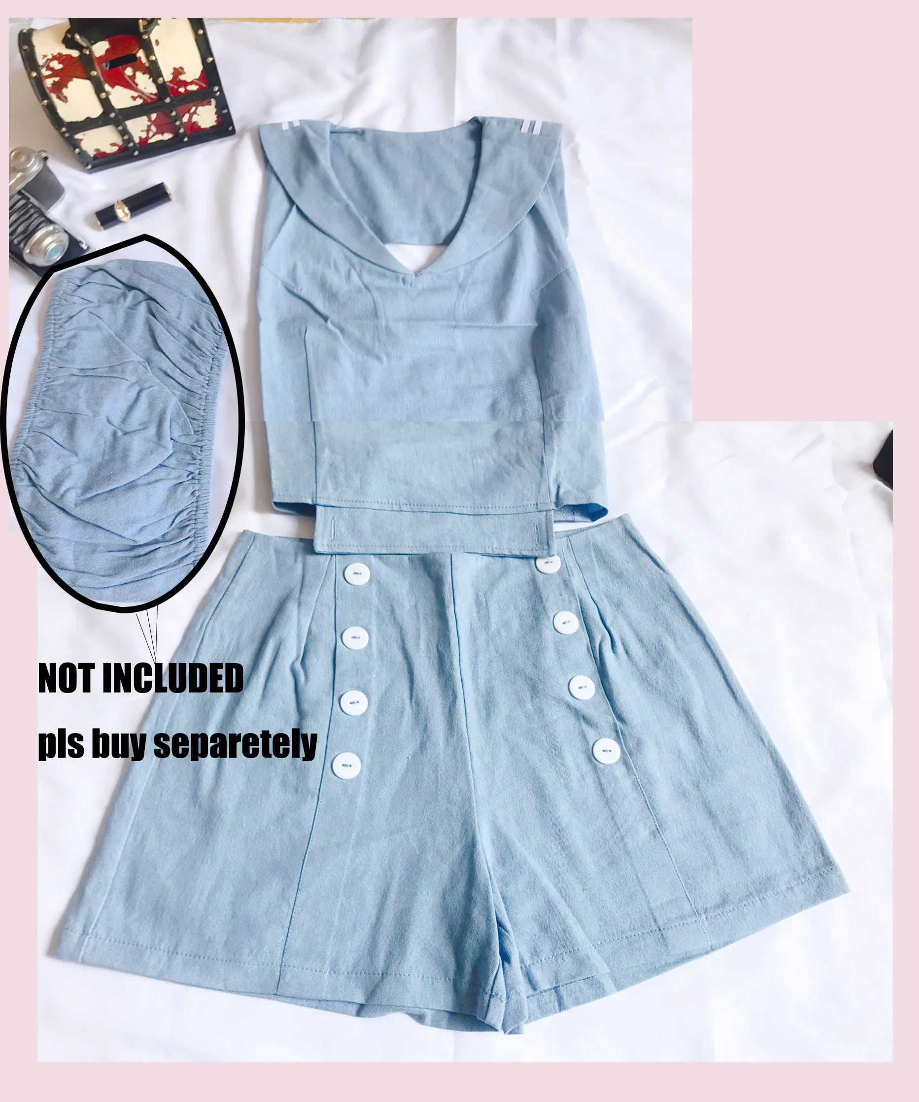 Movie Lolita Style 2PCS Women's Set: Sailor Collar Sleeveless Open Back T-shirt Vest +Shorts Cute&Sexy Cosplay Good Quality 6