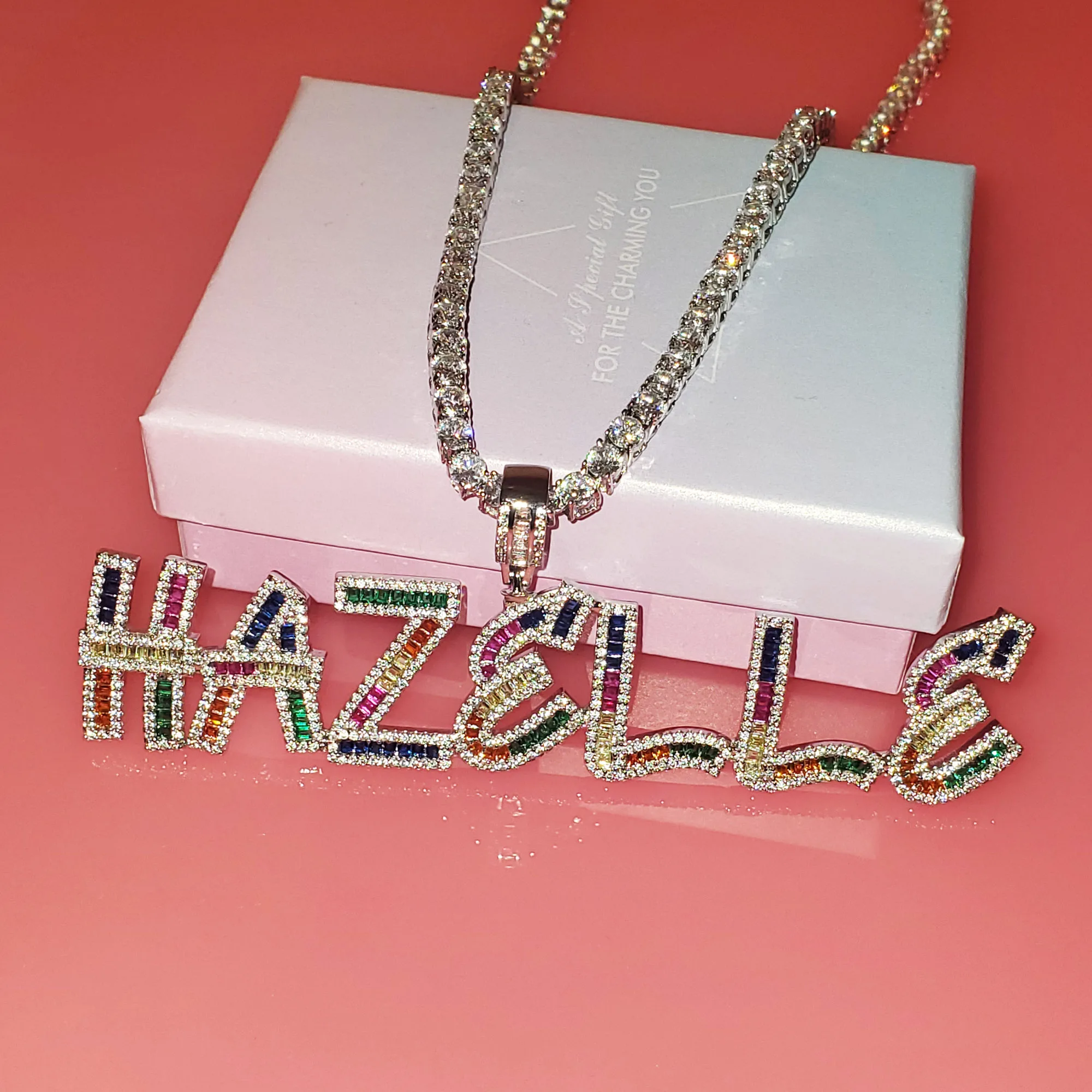 Custom Name Colorful Icy Letters Pendants Necklaces Women's Nameplate With Tennis Chain Personalized Birthday Gifts for Her