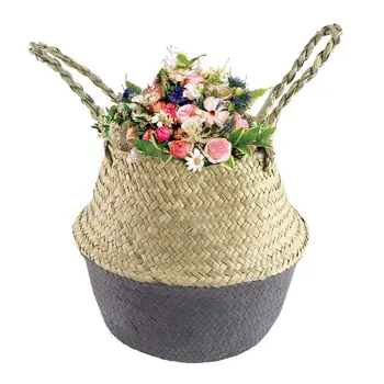 

Foldable Seagrass Woven Flower Basket Handmade Planter Tote Belly Storage Bag Home Sundries Organizer Handheld Flowerpot