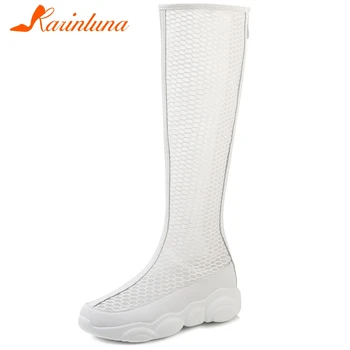 

Karinluna 2020 Hot Sale Plus Size 46 Mesh Comfortable Summer Boots Woman Shoes Zip Up Solid Knee-High Boots Women Shoes