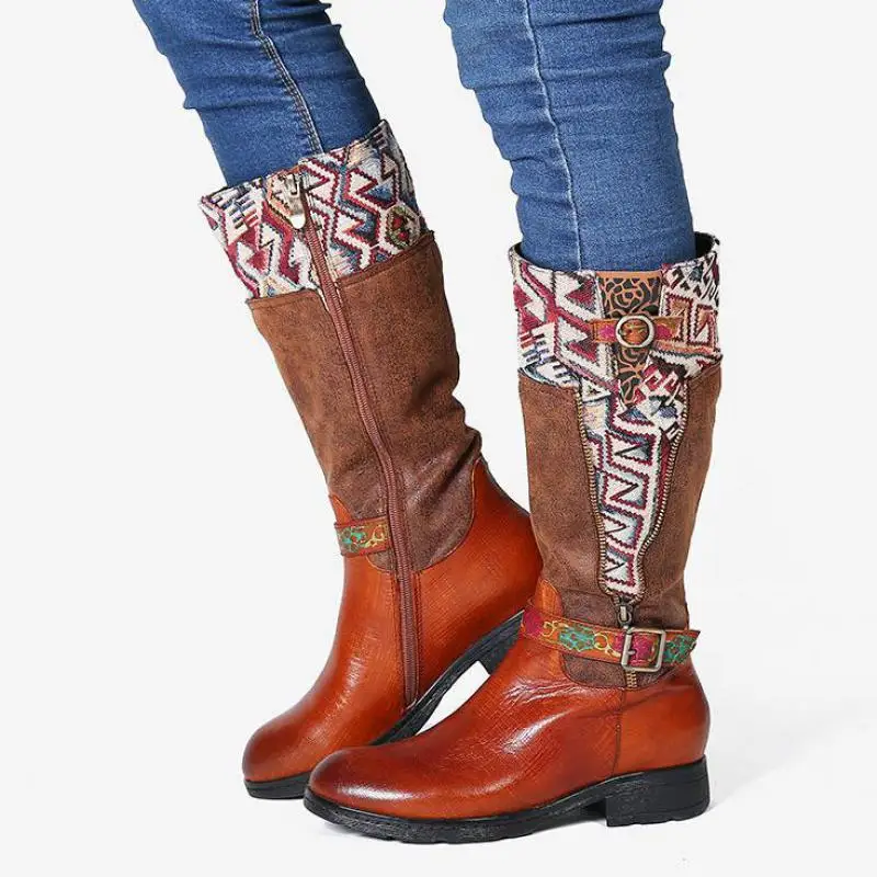 

YourSeason Ladies Winter Long Boots Genuine Leather Zip Ethnic Patchwork 2022 Women Sewing Handmade Platform Shoes Round Toe
