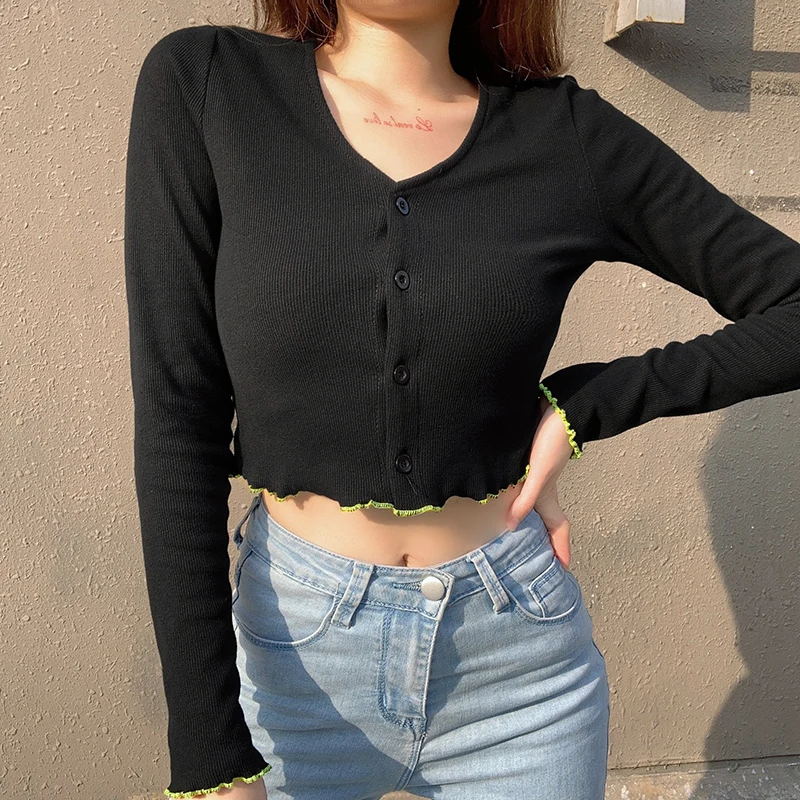 Black Lace Patchwork Y2K Crop Cardigan Women Harajuku Solid Cute Girl Korean Style Club Party Skinny Streetwear Autumn Iamhotty