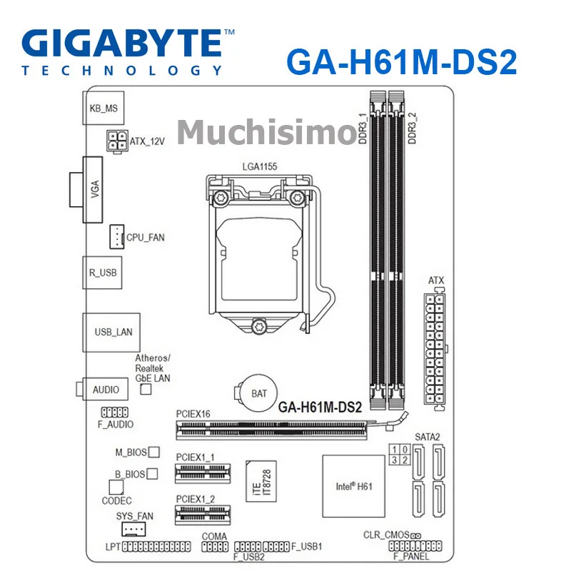 Goede GIGABYTE GA H61M DS2 Desktop Moederbord H61 Socket LGA 1155 i3 i5 i7 DDR3 16G uATX UEFI BIOS Originele H61M DS2 Refurbished