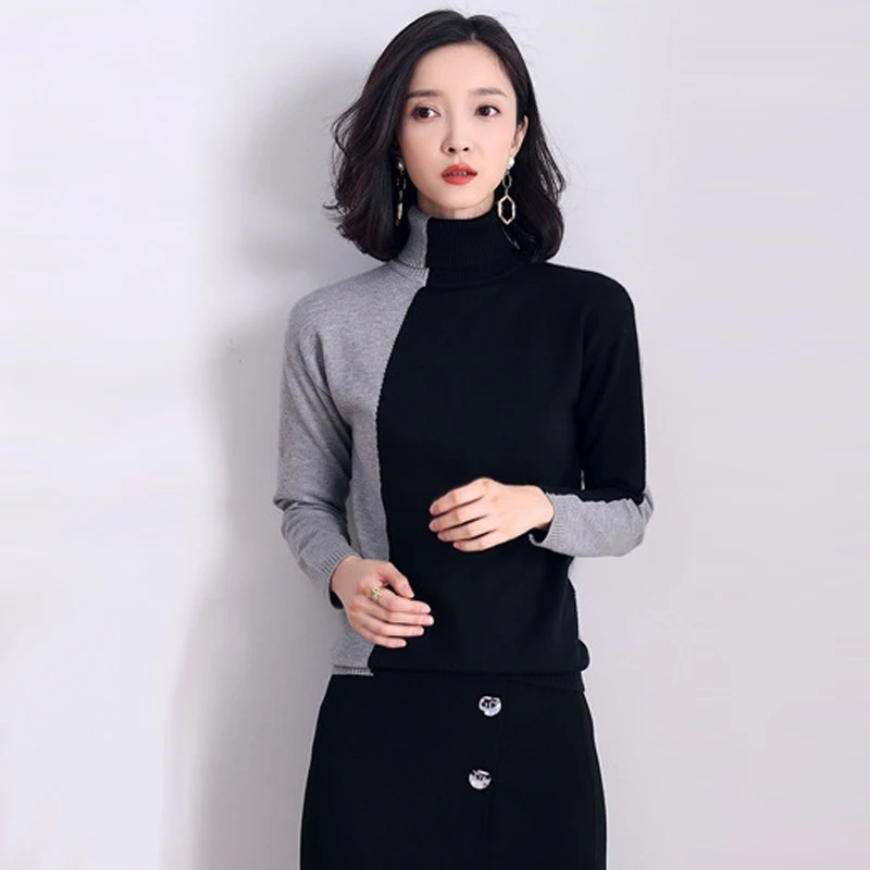

Women Turtleneck Chic Pullovers Contrast Color Sweaters 2020 Autumn Winter New Elegant Knitted Sweater Pull Femme Female Top