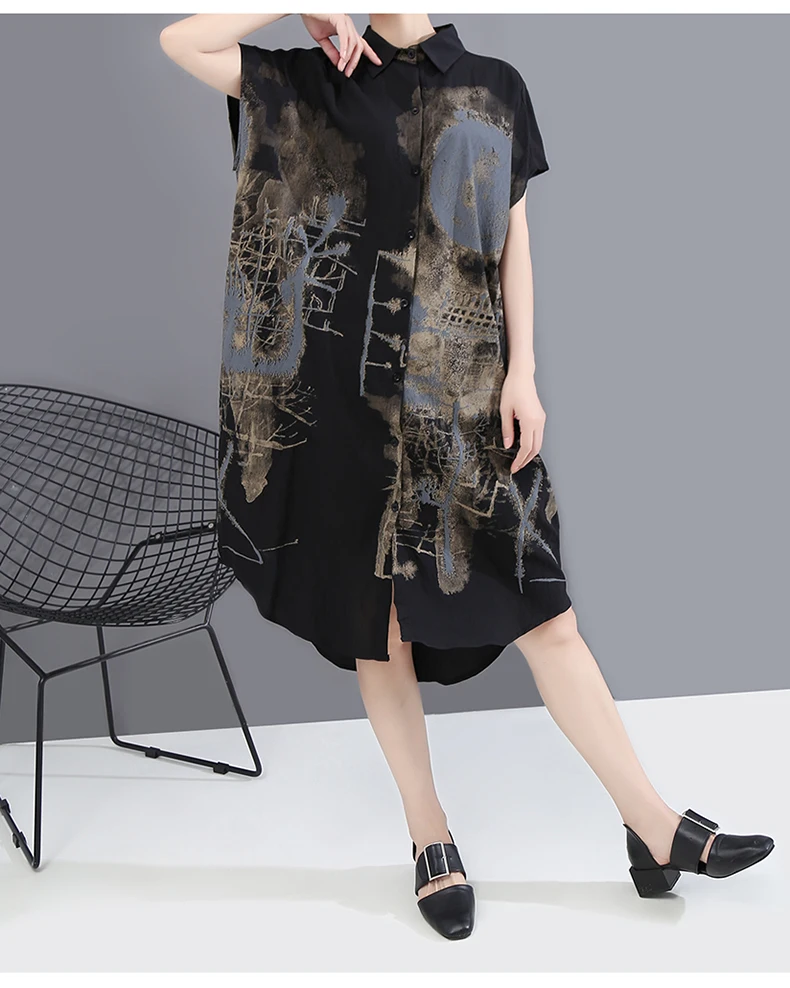 New Fashion Painted Style Black Vintage Shirt Dress