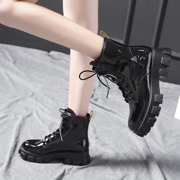 Women Motorcycle Ankle Boots Wedges Punk Boots Female Lace Up Platforms Winter Boots Patent Leather Ankle Boots For Women Shoes