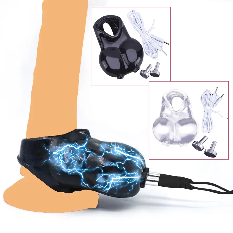 Electric Shock Testicle Stimulator Chastity Cage Male Electro Scrotum Pouch Bdsm Bondage Cock Scrotum Sleeve Trainer E-stim Toys electro sex toys electric sex toys