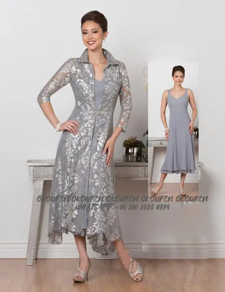 

Stunning Silver Lace Mother of The Bride Dresses Suit for Wedding Long Jacket Plus Size 2 Pieces Tea Length Mother's Formal Gown