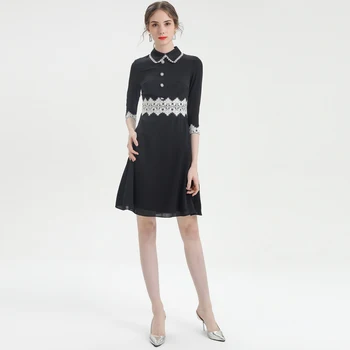 

Xiaomoli Stitching lace flower black slim temperament fashion women's fashion 2019 autumn winter new style