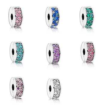 

8 Color Crystal 925 Sterling Silver Cz Stopper Bead Round Pink Blue Green Purple Crystal For Women Diy Pandora Charm Bracelet