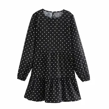 

New 2020 women vintage polka dot print casual straight mini dress female basic o neck long sleeve vestidos chic dresses DS3213