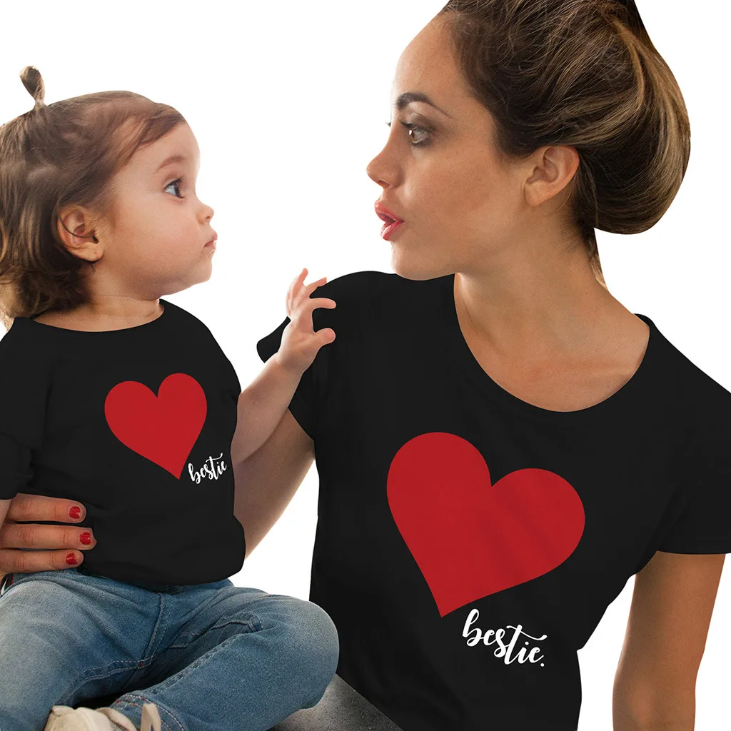 

Mommy and Me Clothes Mother Daughter Matching Family Outfits T-shirt Women Kids Baby Girls Soft Cotton Heart Print Tops O-neck