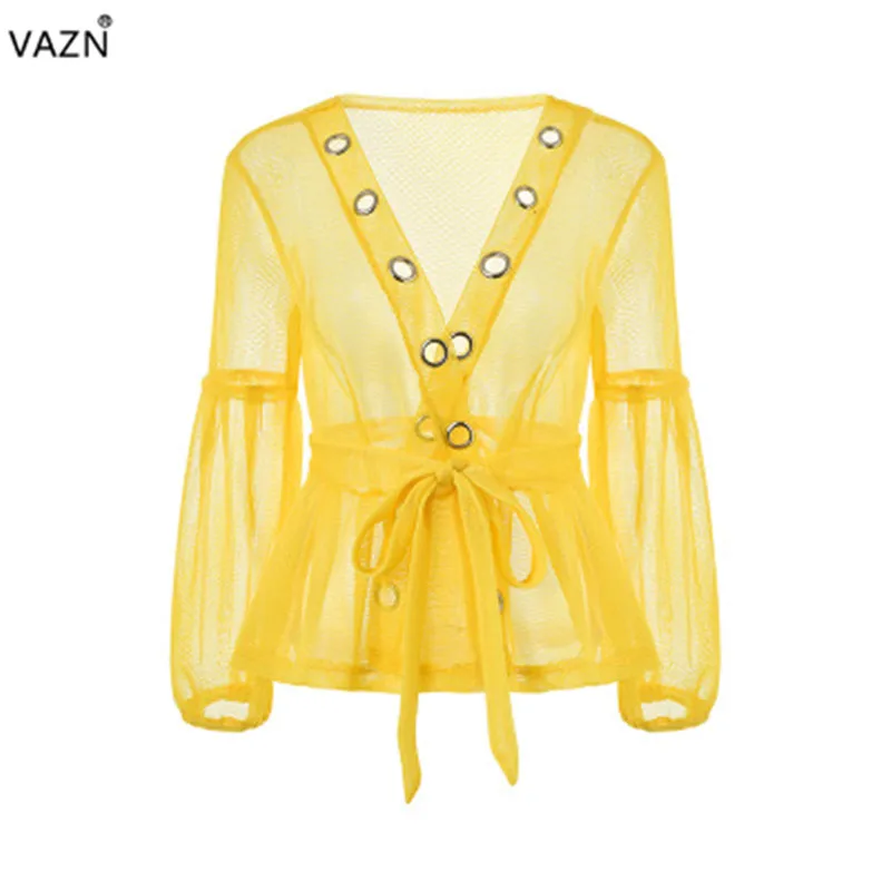 VAZN FLS5093 новые сексуальные кружевные шифоновые прозрачные желтые кружевные открытые строчки с длинным рукавом для женщин Джокер необычные мини-верхняя одежда
