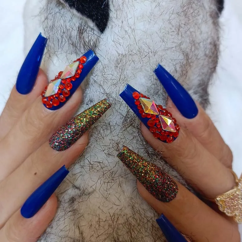 

24pcs 2022 latest luxury jewelry ballet coffin fake nails crystal diamond deep blue