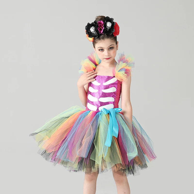 Day of the Dead Girl Skeleton Fancy Tutu Dress Halloween Dress Up Party Kids Baby Costume Funky Punk Bones Tutu Dress for Girls (5)